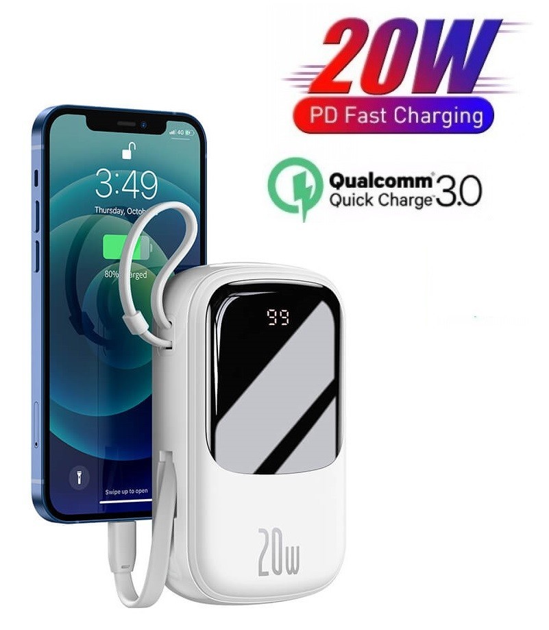 

Павербанк Baseus Q Pow 20000 mAh 20W Quick Charge + кабель Lightning для iPhone/iPad/Samsung/Xiaomi/Huawei white