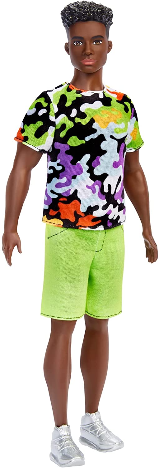 

Кукла Кен Модник Barbie Ken Fashionistas Doll Multi-colored Camo Print Shirt & Neon Green Shorts, Black Curly Hair 183 (HBV23)