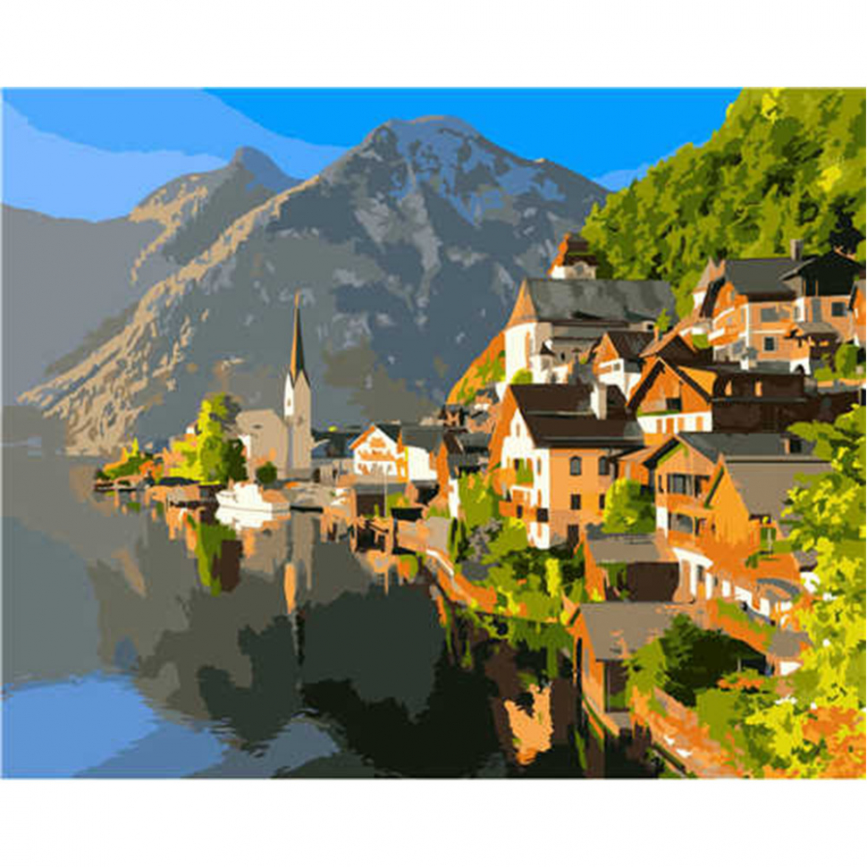 

Картина по номерам Горы, река и дома, 40х50 см