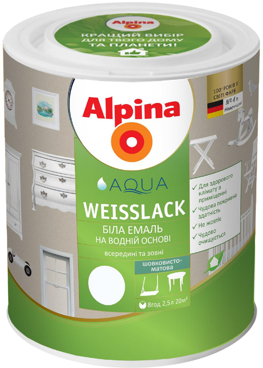 

Эмаль Alpina Aqua Weisslack Sm Шелковисто-матовая 2.5 л Белая (910899)