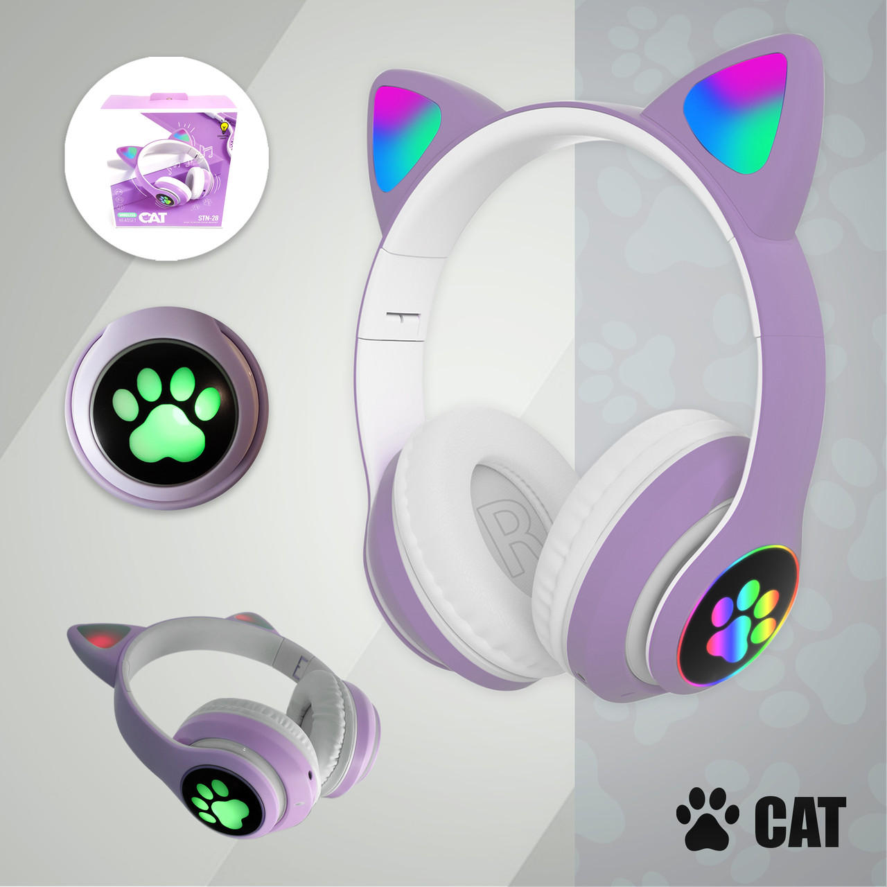 

Беспроводные наушники с кошачьими Ушками Bluetooth Cat STN-28 с микрофоном LED RGB подсветка (Фиолетовые) Purple