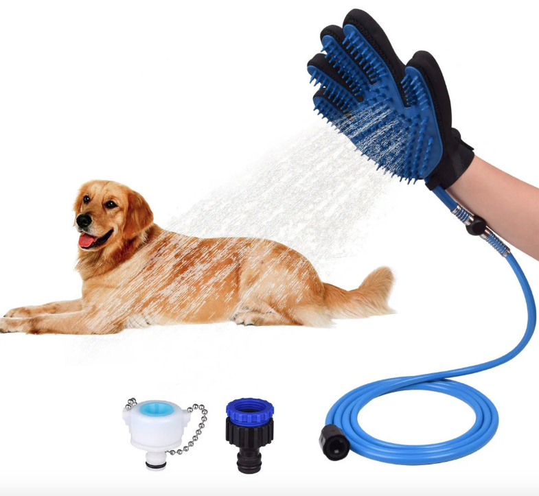

Перчатка для мытья собак Pet Wather с каналом для воды и шлангом 2,5 м Голубая