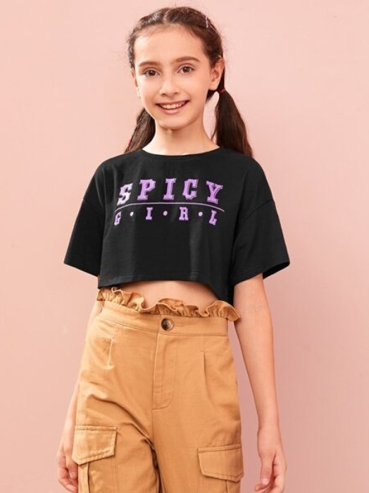 

Короткий топ с текстовым принтом для девочек Shein 07200525970 152 cm (91678152cm) Черный