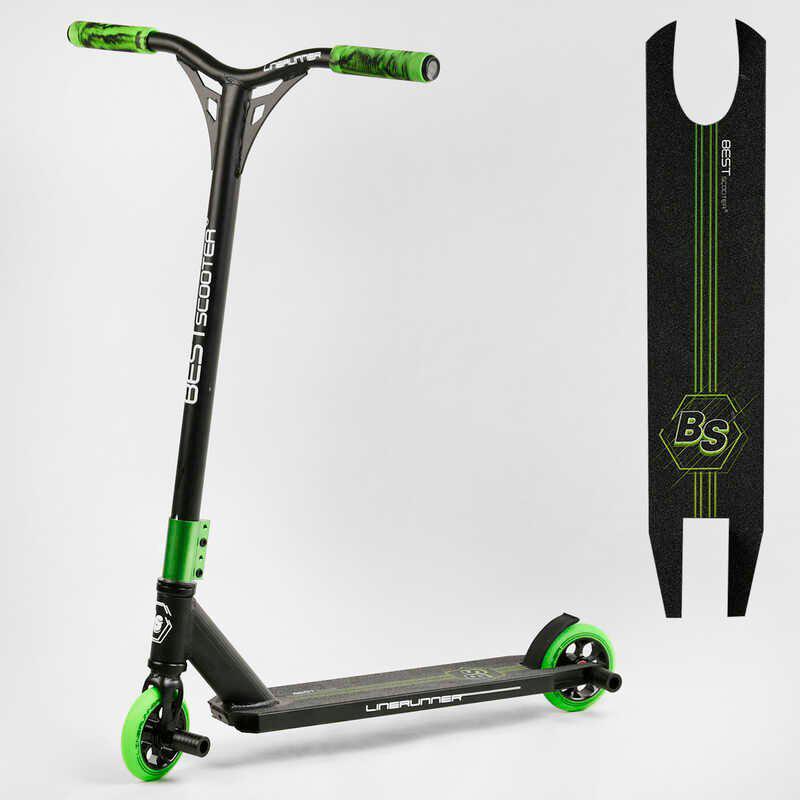 

Самокат трюковый Linerunner LR-30360 Best Scooter HIC-система, пеги, алюминиевый диск и дека, колёса PU, d=110мм, ширина руля - 52 см Черно-зелёный