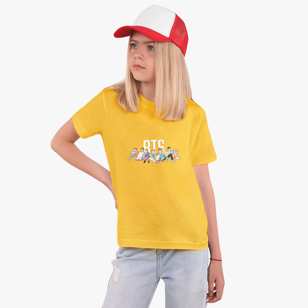 

Детская футболка для девочек БТС (BTS) (25186-1061-14) 104-110 см Хлопок Желтый