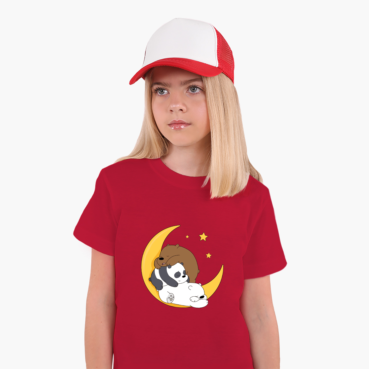 

Детская футболка для девочек Вся правда о медведях (We Bare Bears) (25186-2894-3) 122-128 см Хлопок Красный