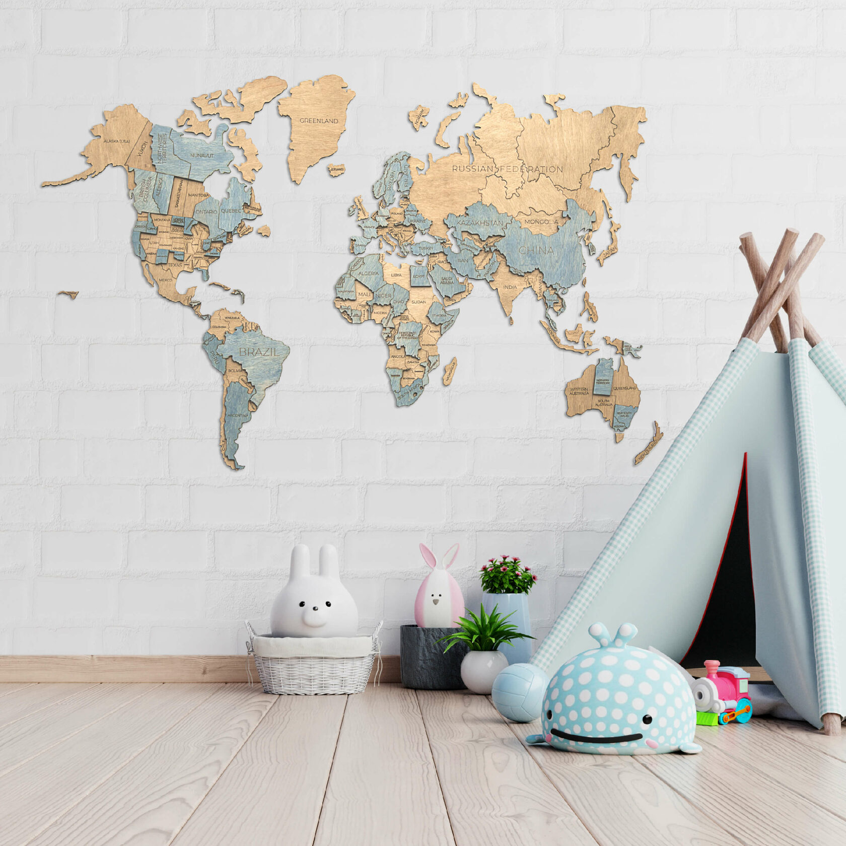 

Карта мира на стену из дерева 2,5D Базовая 90х64 см карта без гравировки Светлый дуб и светло-синий