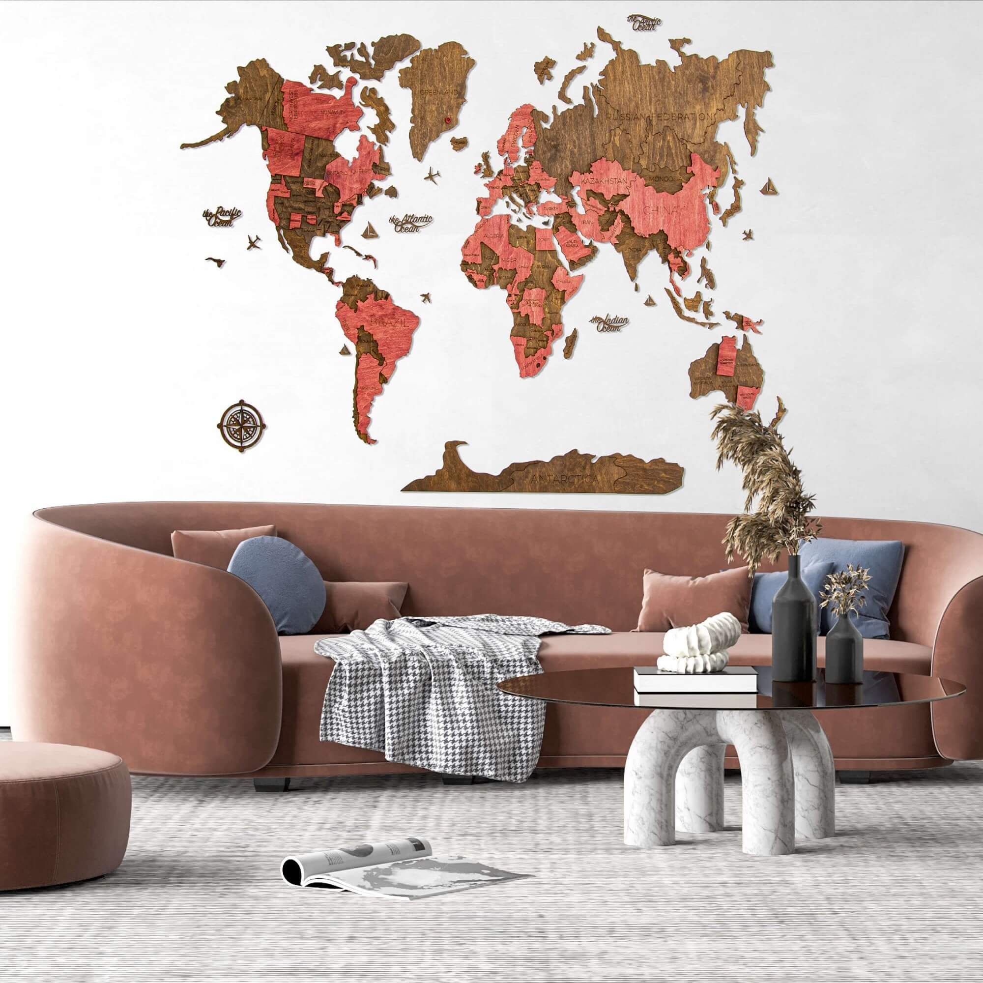 

Карта мира на стену из дерева 2,5D Базовая 250x175 см карта без гравировки Каштан и красный