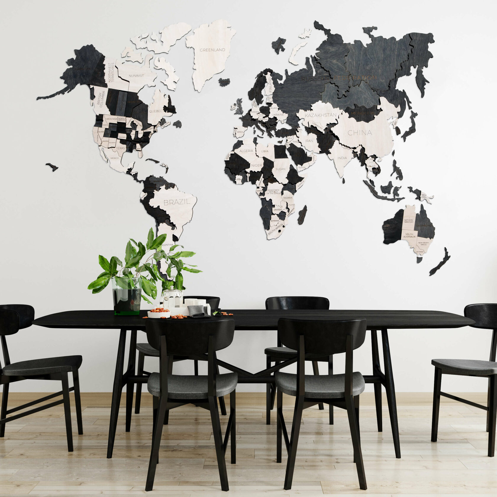 

Карта мира на стену из дерева 3Д Базовая 250x175 см карта без гравировки Черно белая