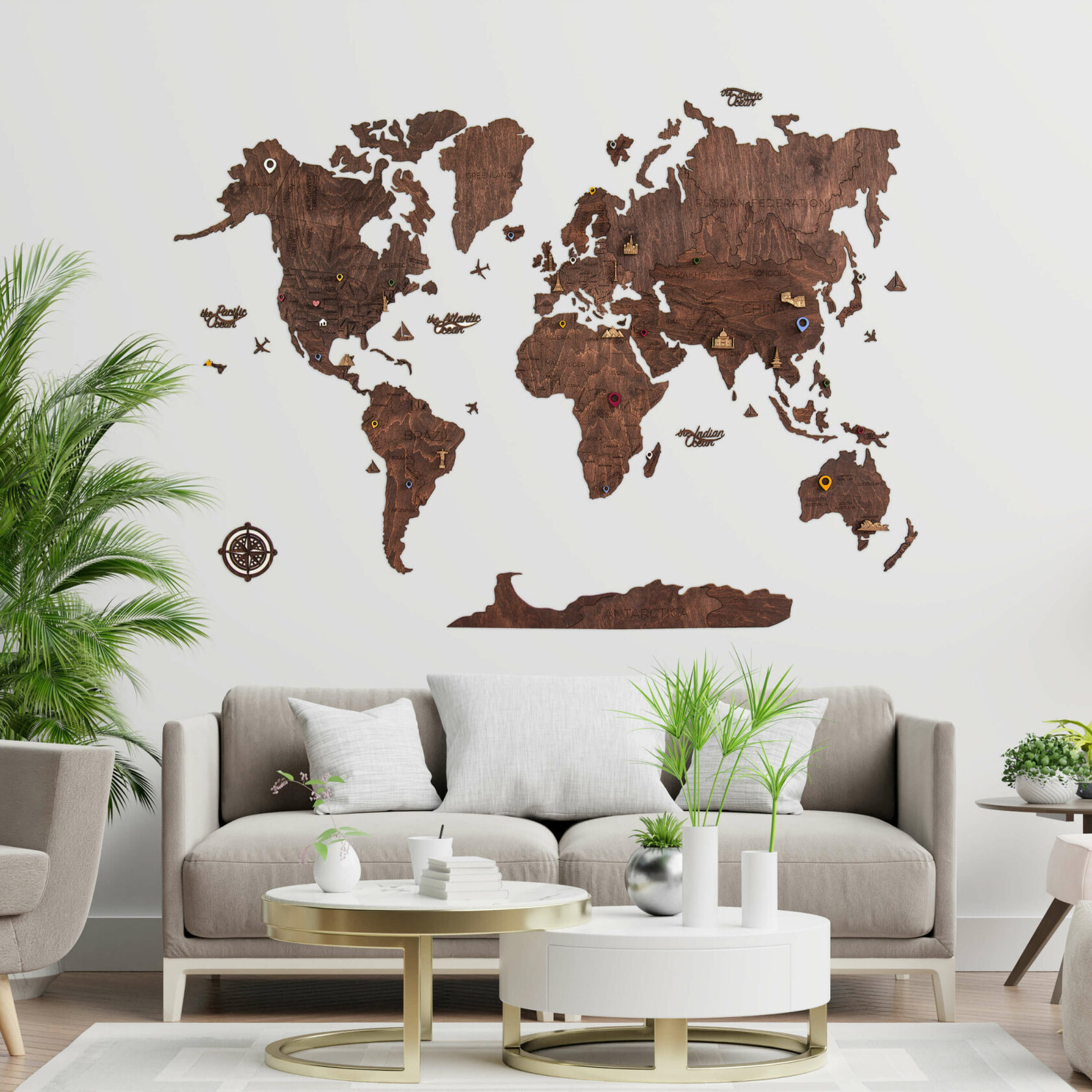 

Карта мира на стену из дерева 2D Стандартная 250x175 см карта Каштан