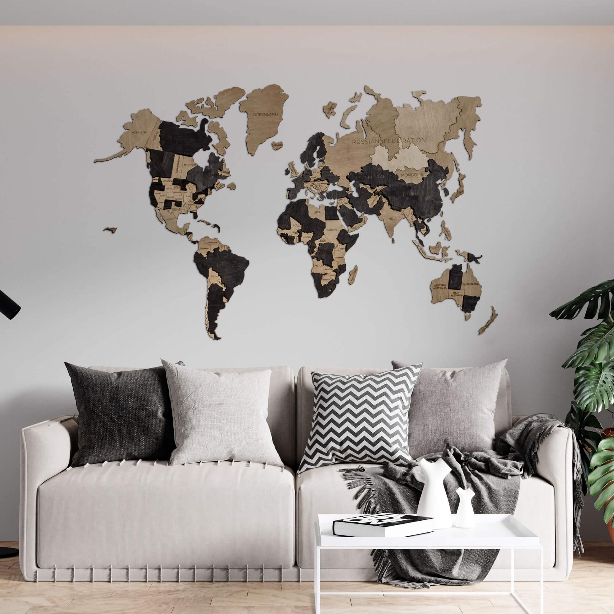 

Карта мира на стену из дерева 2,5D Расширенная 90х64 см карта Белый и черный