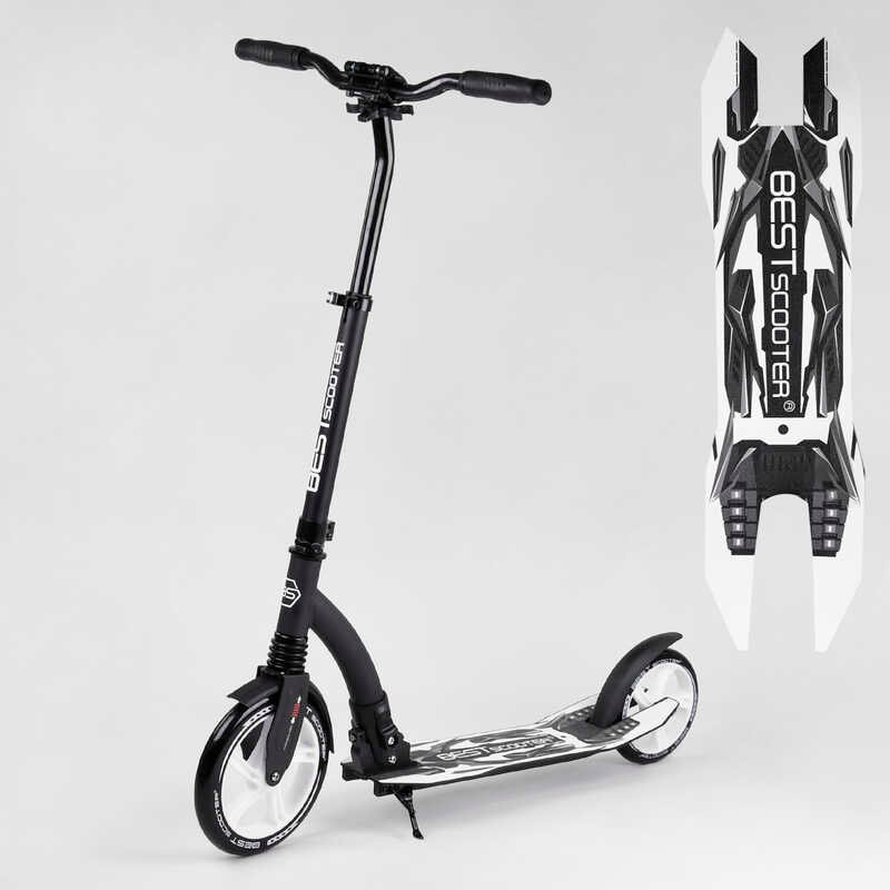 

Детский двухколесный самокат Best Scooter 75343 колеса PU - переднее 23 см, заднее - 20 см, 1 амортизатор, широкий руль, зажим руля