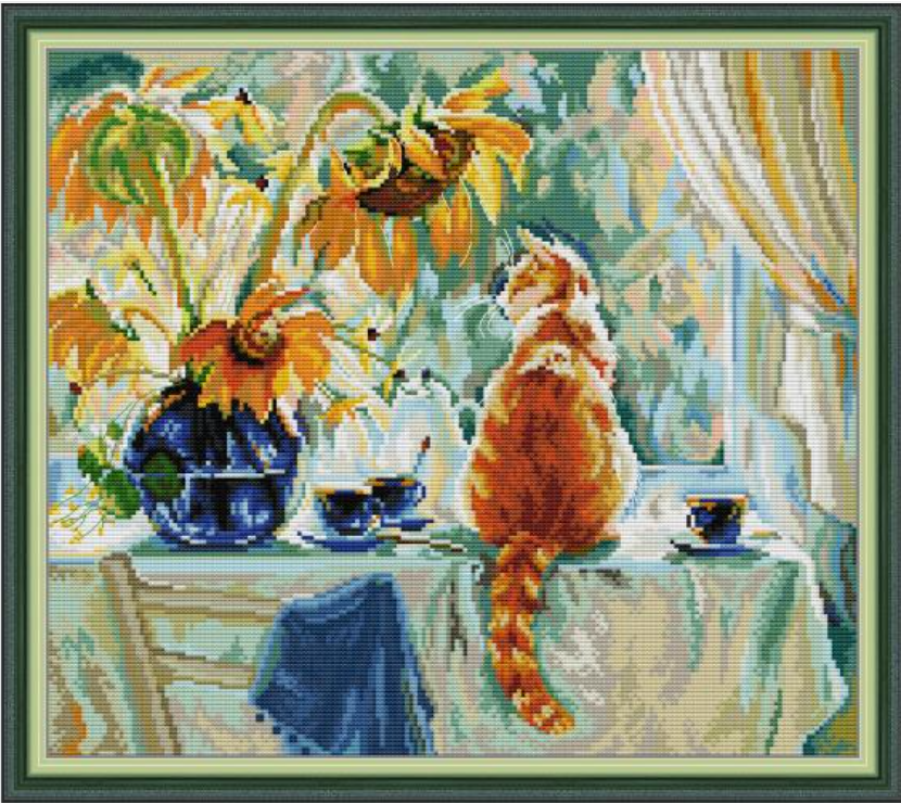 

Набор для вышивания по нанесённой на канву схеме "Cat and sunflower". AIDA 14CT printed, 43*38 см