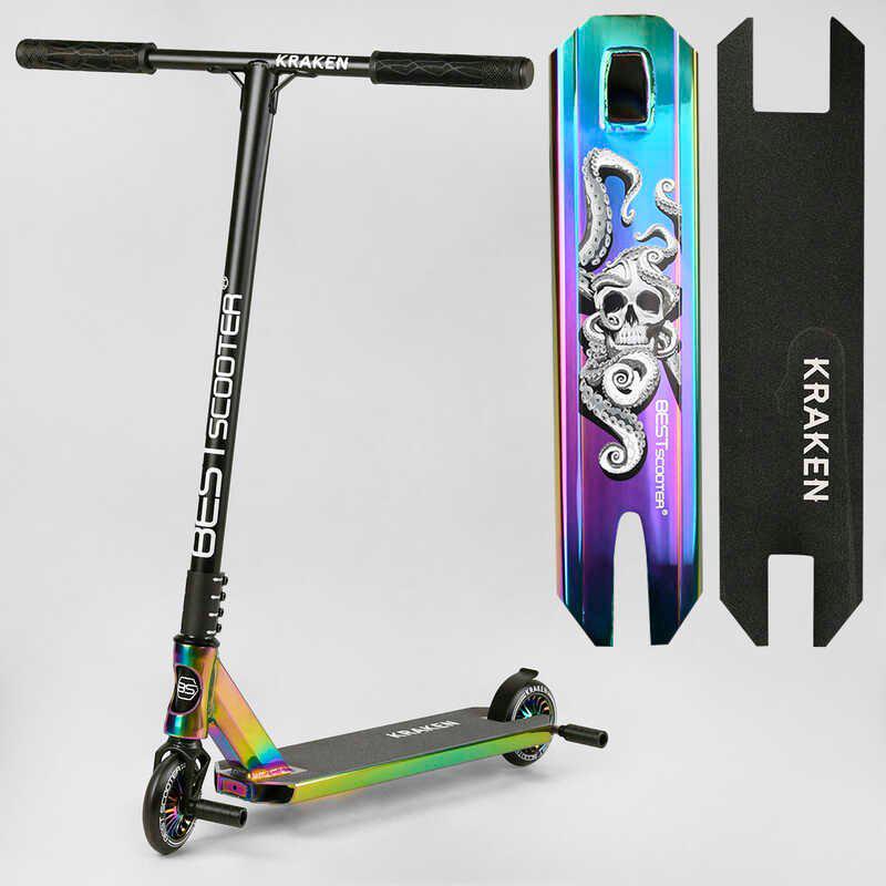 

Самокат трюковый Kraken KR-64084 Best Scooter HIC-система, пеги, алюминиевый диск и дека, АНОДИРОВАННЫЙ, колёса PU 110мм, ширина руля 58 см Фиолетово-голубой