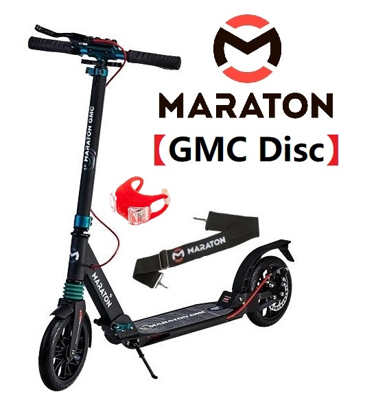 

Детский самокат двухколесный Maraton GMC Disc Черный-Изумруд + LED-фонарик (2021) с ручным дисковым тормозом