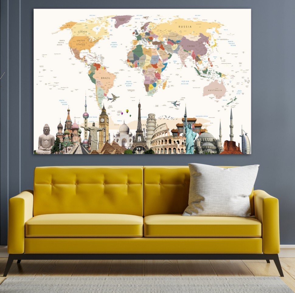 

Картина на холсте карта мира достопримечательности world map 50х75 см
