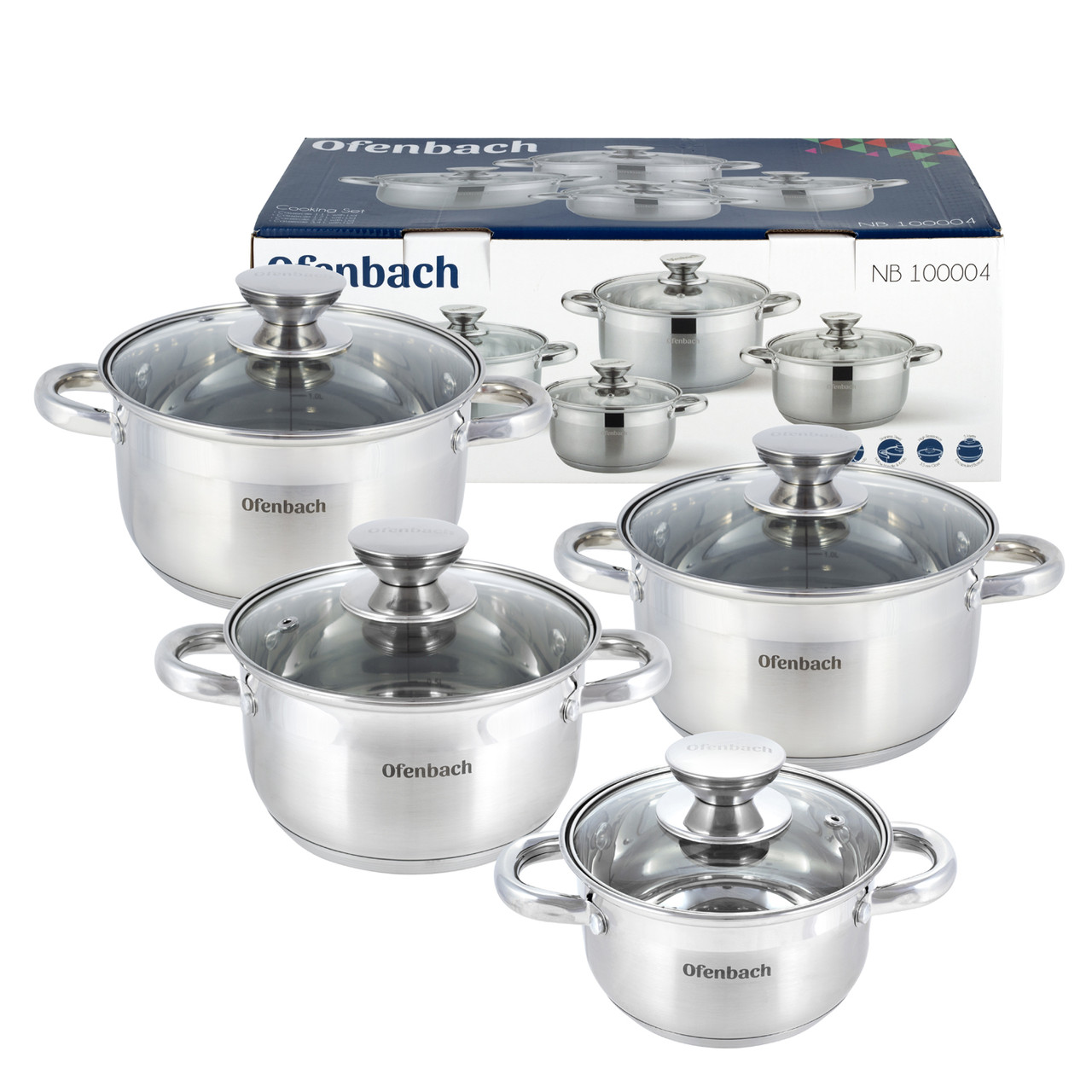 

Набор кастрюль Ofenbach из нержавеющей стали 8 предмета для индукции и газа (1.1л, 1.7л, 2.4л, 3.4л)