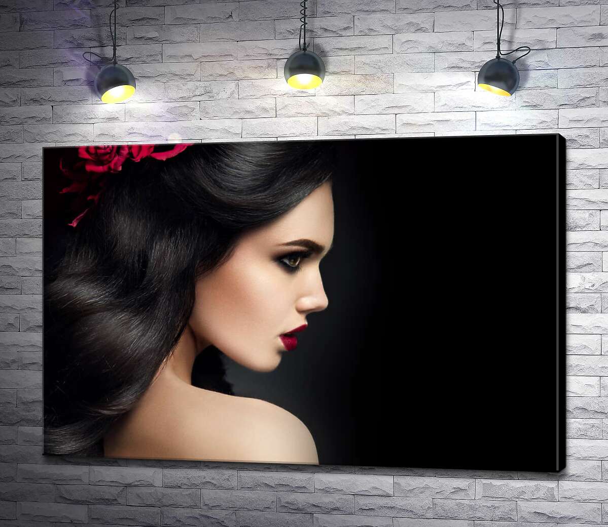 

Картина ArtPoster Белоснежный профиль лица девушки контрастирует с пышными прядями черных волос 130x87 см Модуль №1