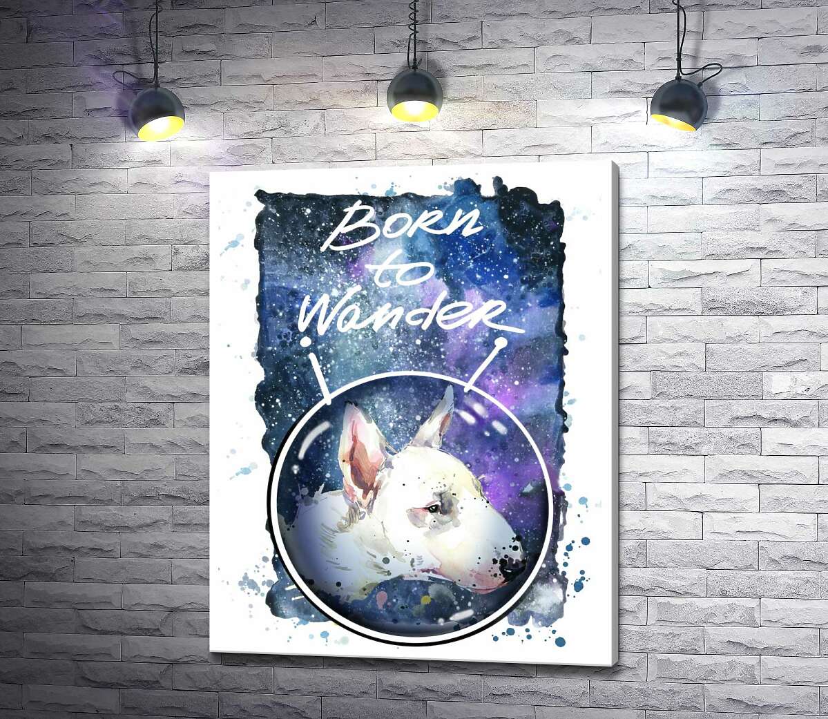 

Картина ArtPoster Белый бультерьер в шлеме космонавта под надписью "born to wander" 100x128 см Модуль №1