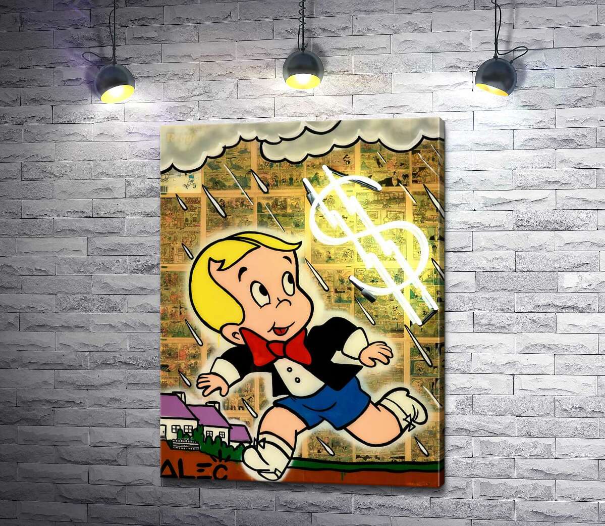 

Картина ArtPoster Богатенький Ричи бежит от дождя (Richie Rich run away from rain) - Алек Монополи (Alec Monopoly) 130x174 см Модуль №1