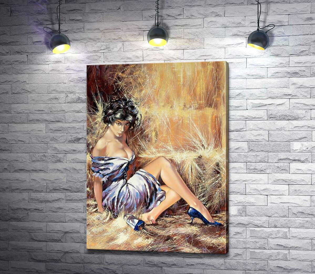 

Картина ArtPoster Брюнетка в соблазнительном платье отдыхает на сене 100x140 см Модуль №1