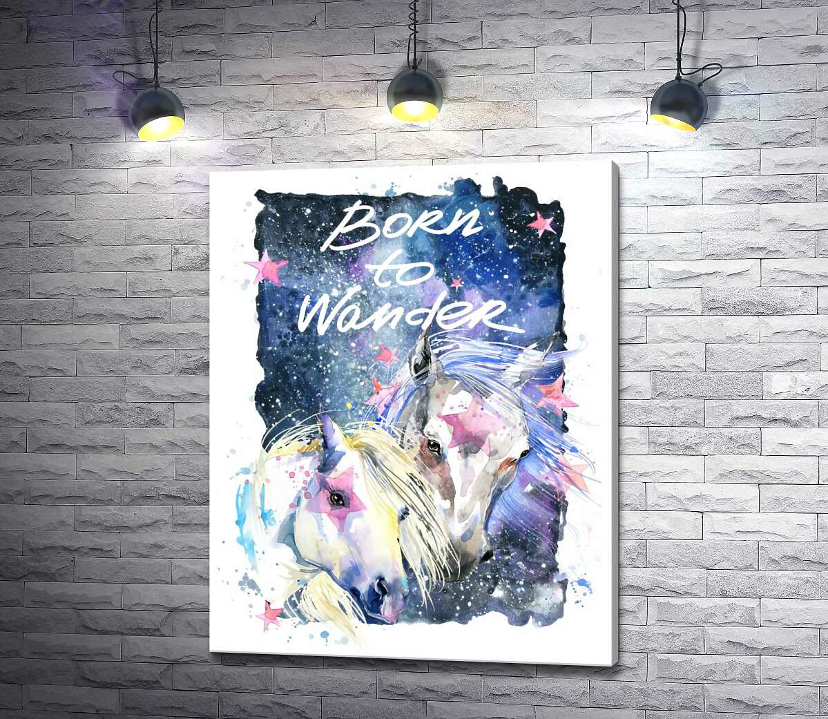 

Картина ArtPoster Белые кони со звездными отметинами в космосе с надписью "born to wander" 130x166 см Модуль №1