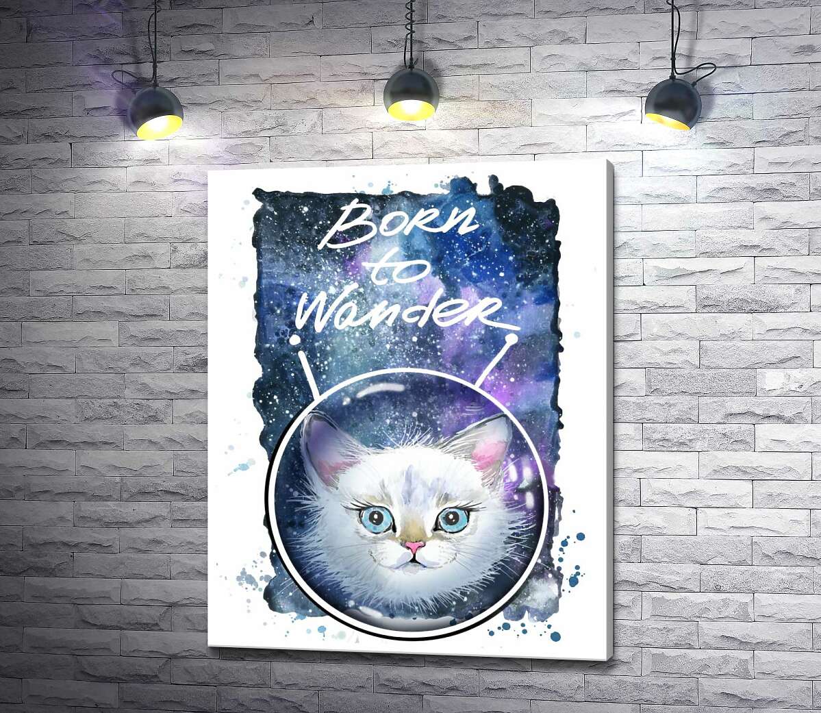 

Картина ArtPoster Белая кошечка в космическом шлеме под надписью "born to wander" 130x166 см Модуль №1