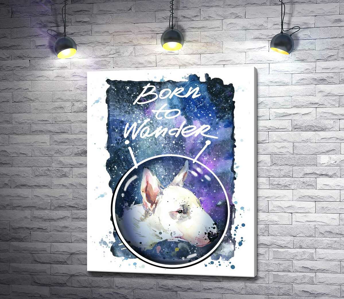 

Картина ArtPoster Белый бультерьер в шлеме космонавта под надписью "born to wander" 130x166 см Модуль №1
