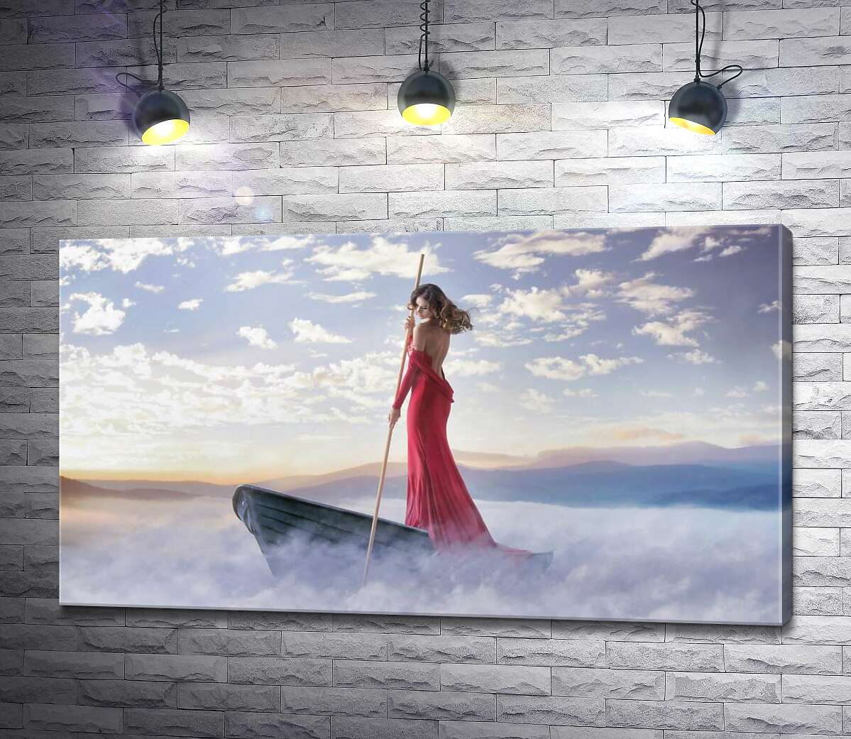 

Картина ArtPoster Девушка в соблазнительном платье плывет туманным озером на лодке 130x74 см Модуль №1