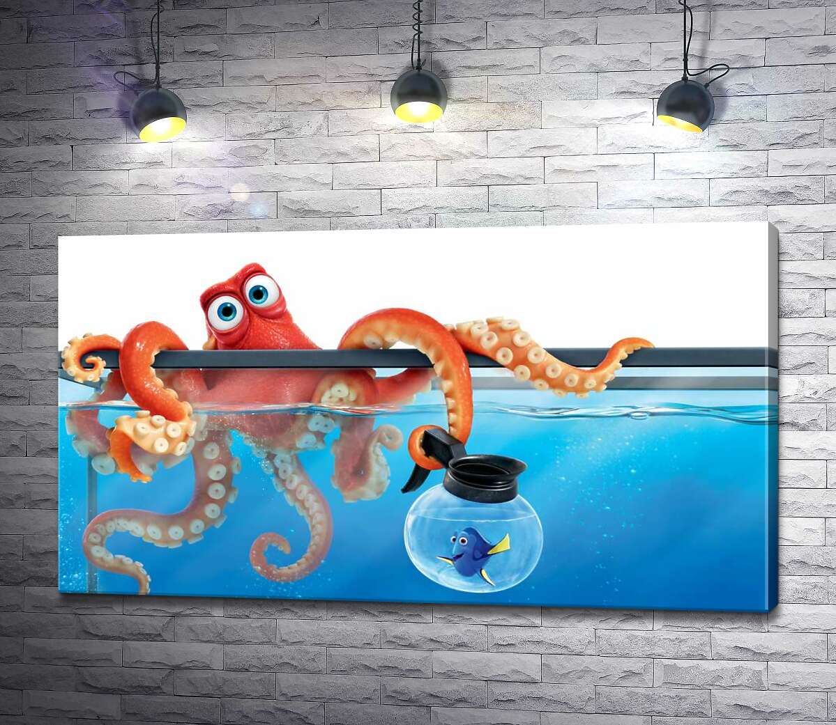 

Картина ArtPoster Герои мультфильма "В поисках Дори" (Finding Dory) осьминог Хэнк и рыба Дори в аквариумах 100x56 см Модуль №1