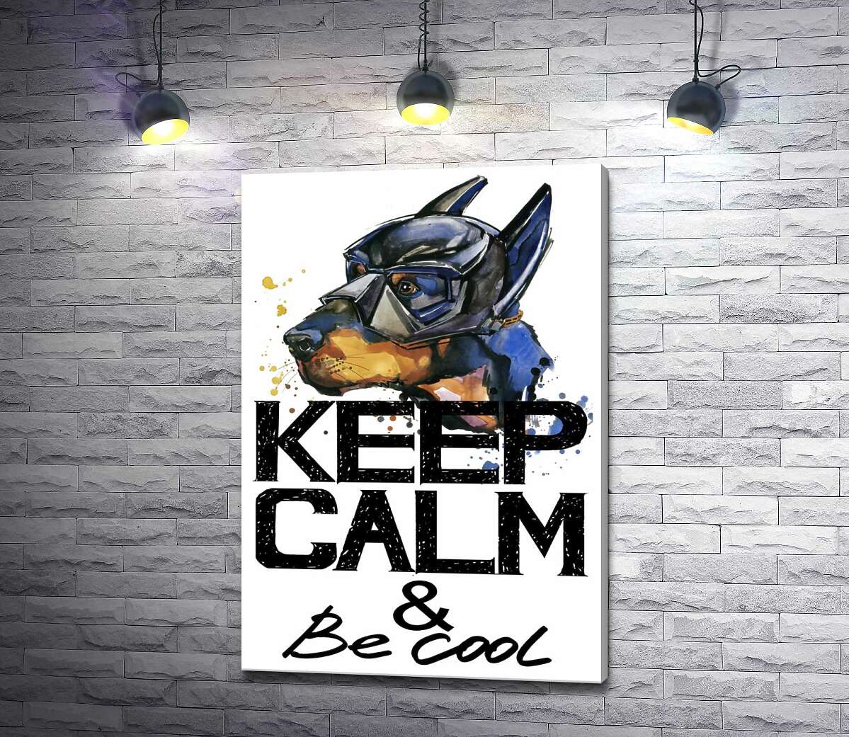 

Картина ArtPoster Доберман в маске Бэтмена среди надписи "keep calm and be cool" 50x73 см Модуль №1