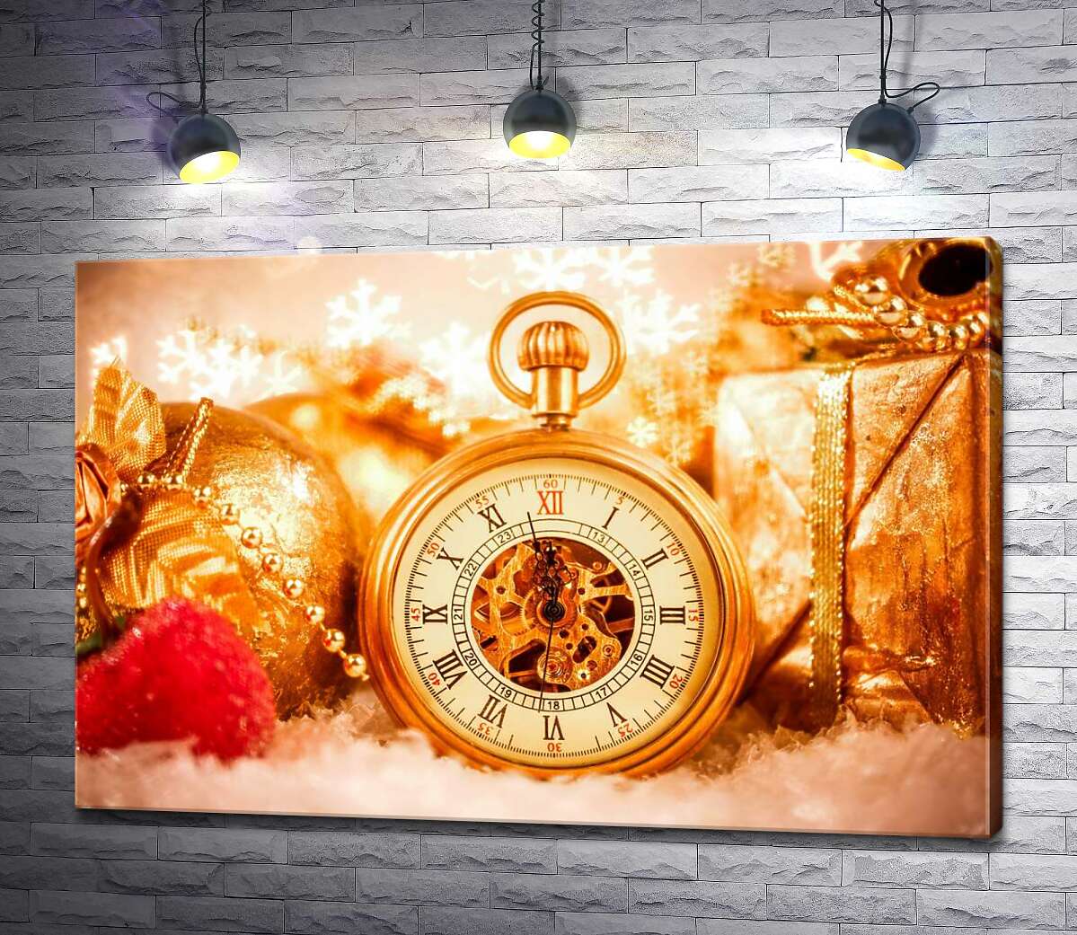 

Картина ArtPoster За пять минут до Нового года на золотых часах среди подарков и игрушек 100x67 см Модуль №1