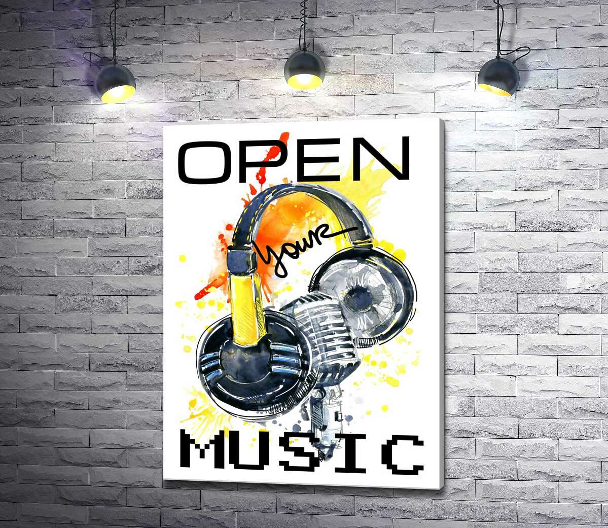 

Картина ArtPoster Наушники и микрофон на оранжевом фоне с надписью "open your music" 100x136 см Модуль №1