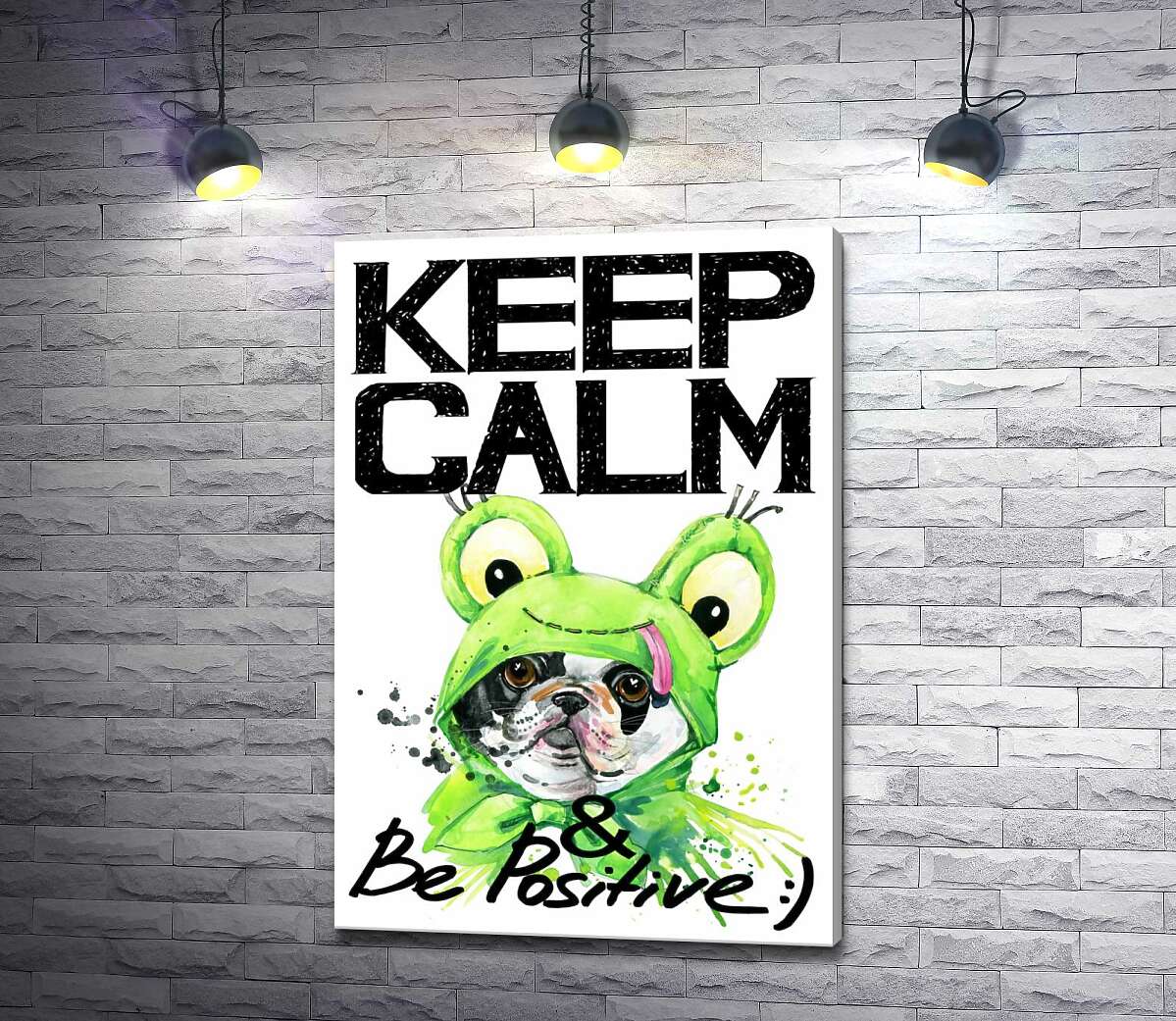 

Картина ArtPoster Мопс в зеленом костюме лягушки под надписью "keep calm and be positive" 130x190 см Модуль №1