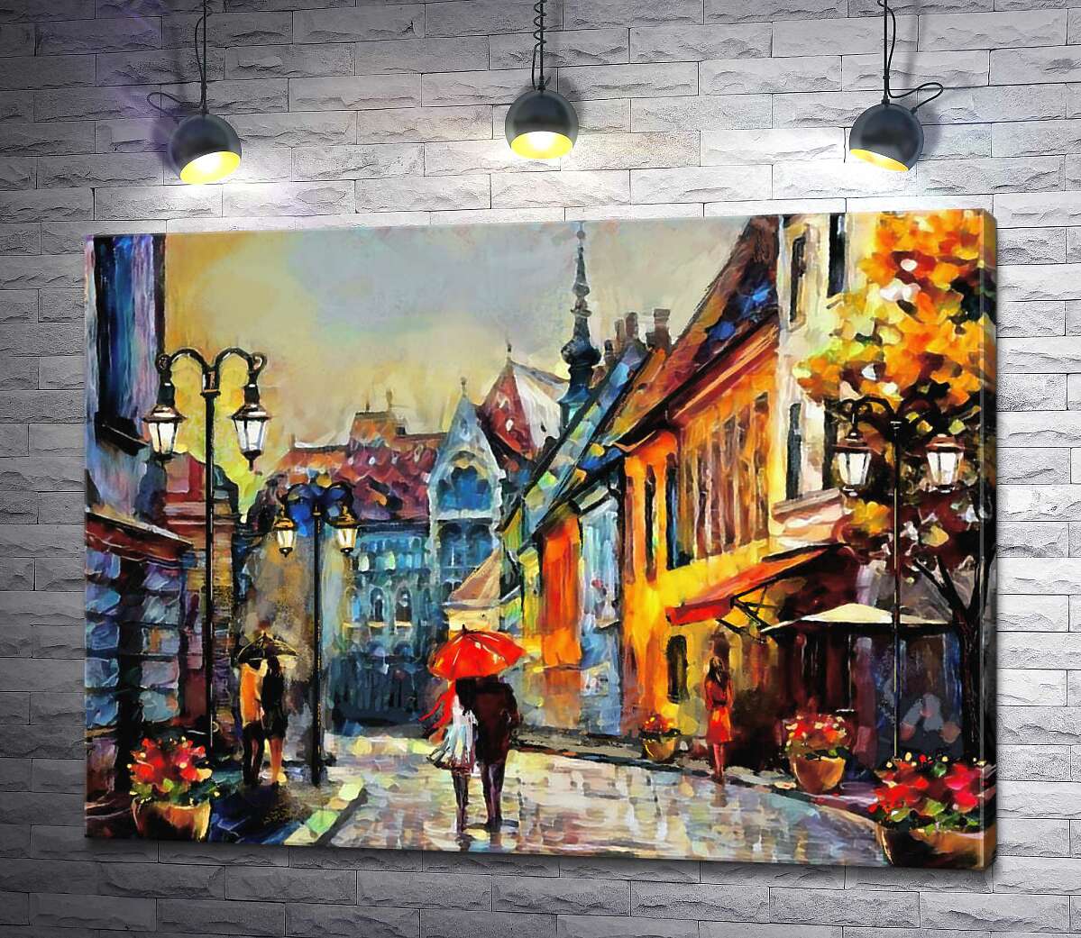 

Картина ArtPoster Пара прогуливается по уютной осенней улице мимо старых европейских домов 100x74 см Модуль №1