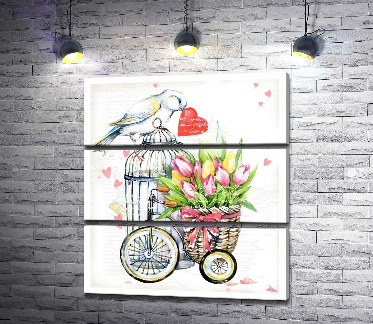 

Модульная картина ArtPoster Белая птица держит сердце в клюве рядом с корзиной весенних тюльпанов на велосипеде 100x111 см Модуль №13