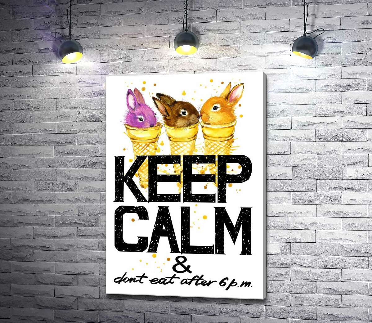 

Картина ArtPoster Цветные зайцы в рожках мороженого над надписью "keep calm and don't eat after 6 p.m." 100x146 см Модуль №1