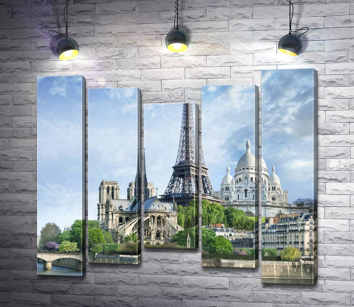 

Модульная картина ArtPoster Архитектурные произведения Парижа: Эйфелева башня (Eiffel tower), Нотр-Дам-де-Пари (Notre Dame de Paris), базилика Сакре-Кер (Basilique du Sacre Cœur) 130x115 см Модуль №28