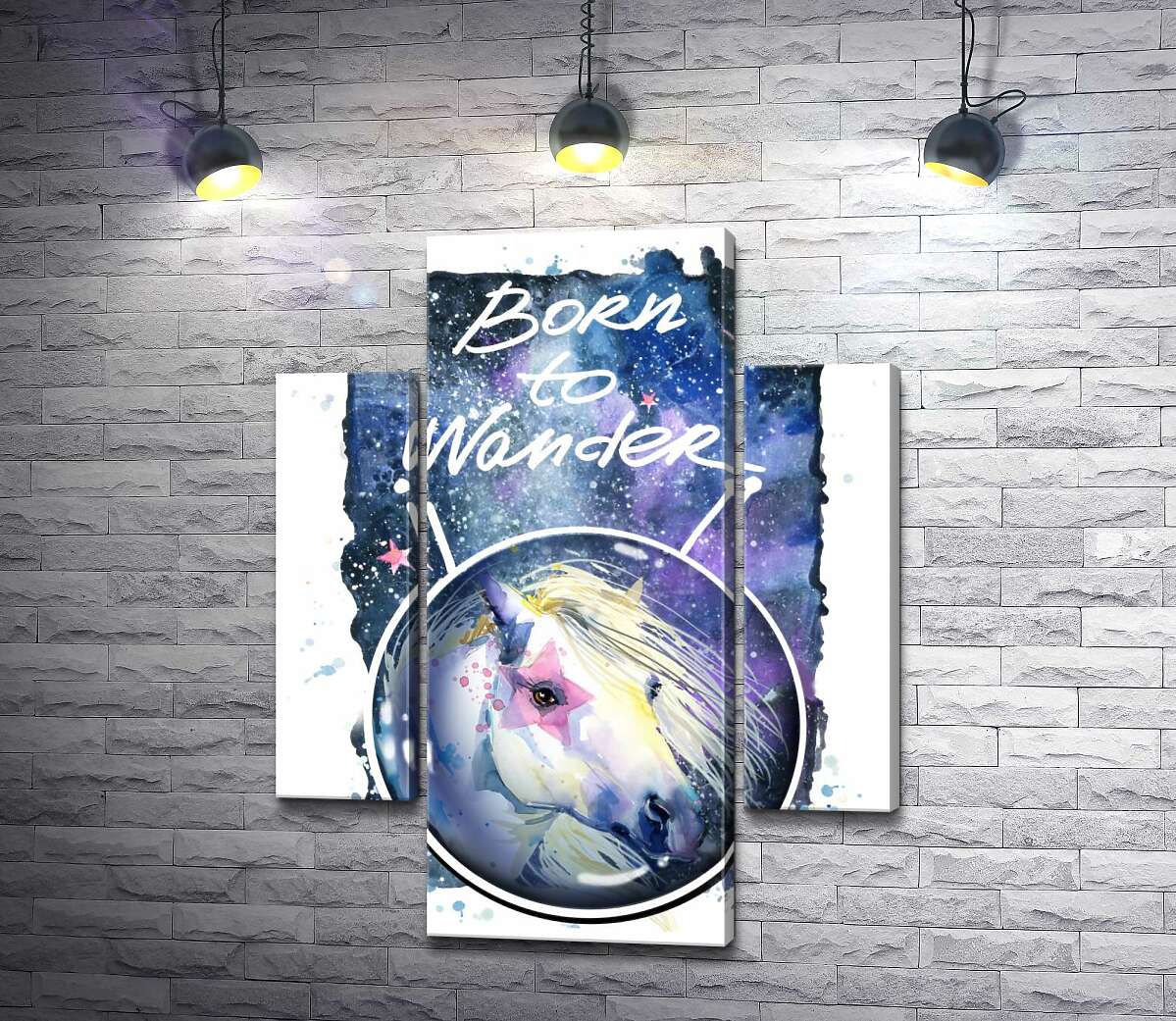 

Модульная картина ArtPoster Белая лошадь с розовой звездой на глазу под надписью "born to wander" 100x129 см Модуль №7