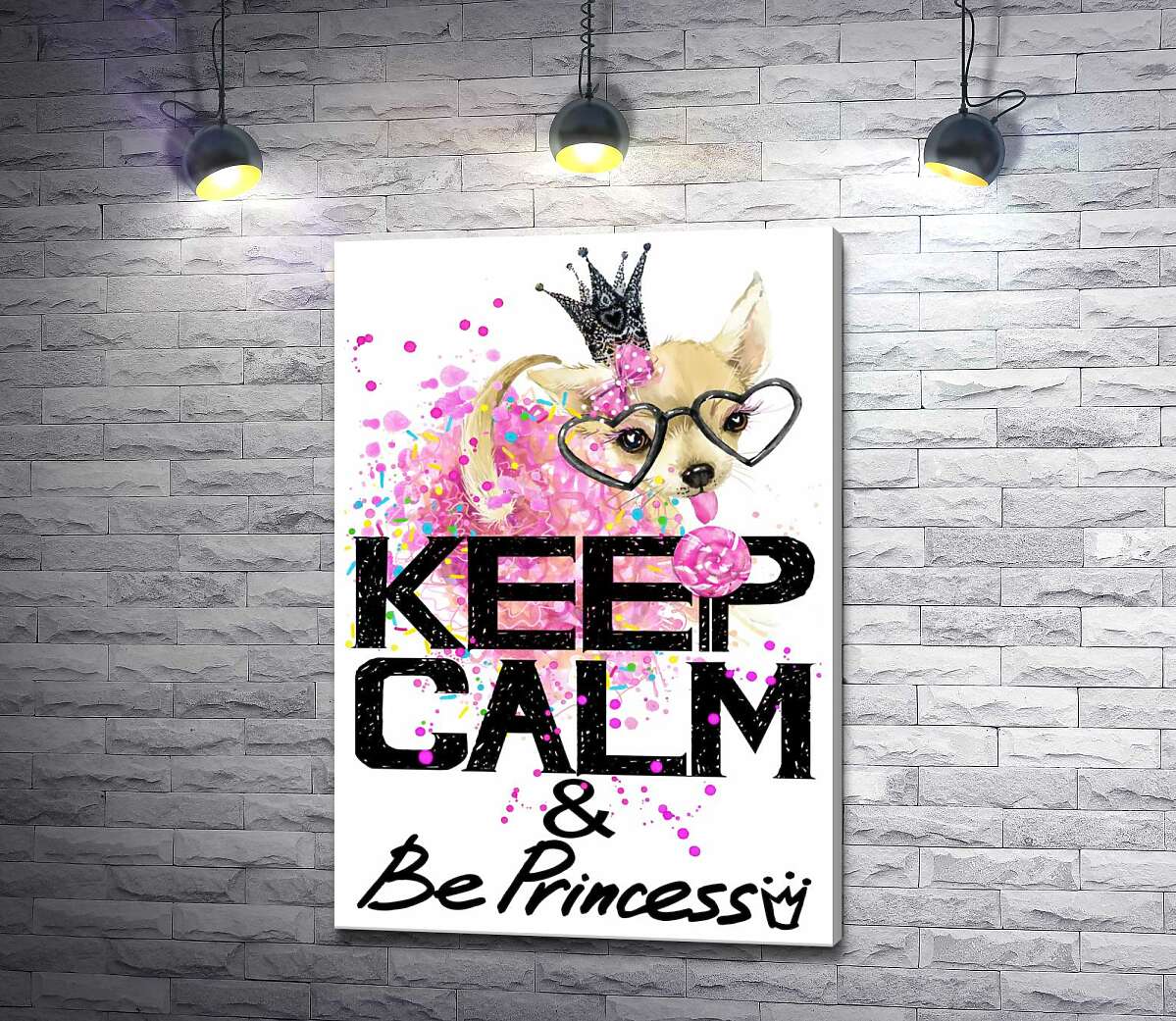 

Картина ArtPoster Чихуахуа в пышной юбке с леденцом среди надписи "keep calm and be princess" 50x73 см Модуль №1