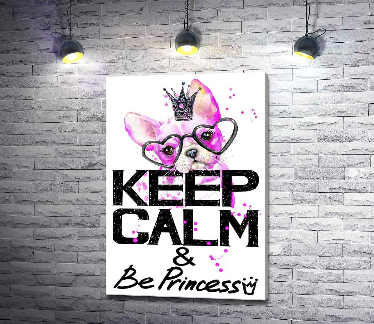 

Картина ArtPoster Розовый бульдог в очках и короне над надписью "keep calm and be princess" 130x190 см Модуль №1