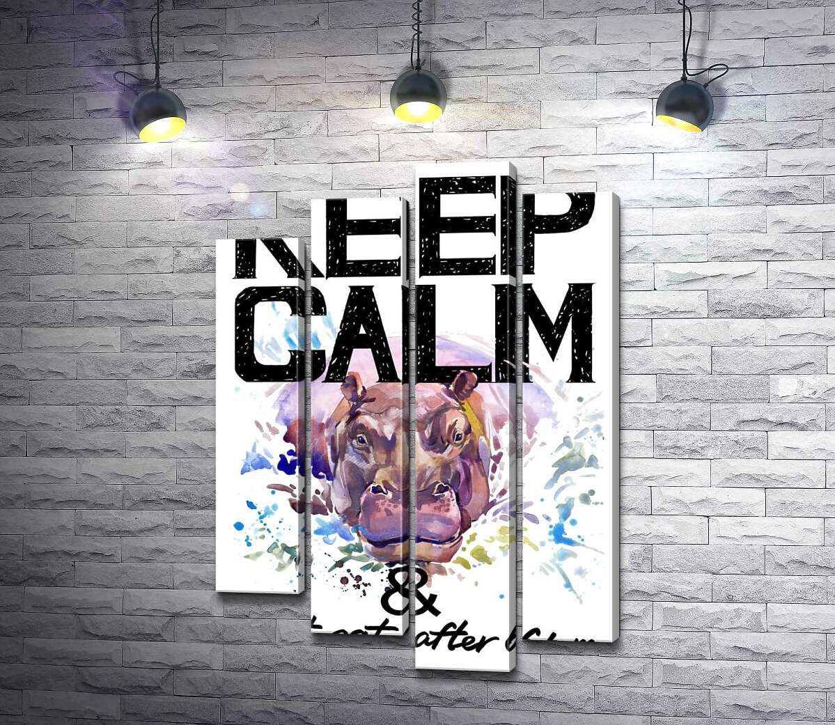 

Модульная картина ArtPoster Бегемот выглядывает из воды между надписью "keep calm and don't eat after 6 p.m." 80x118 см Модуль №21