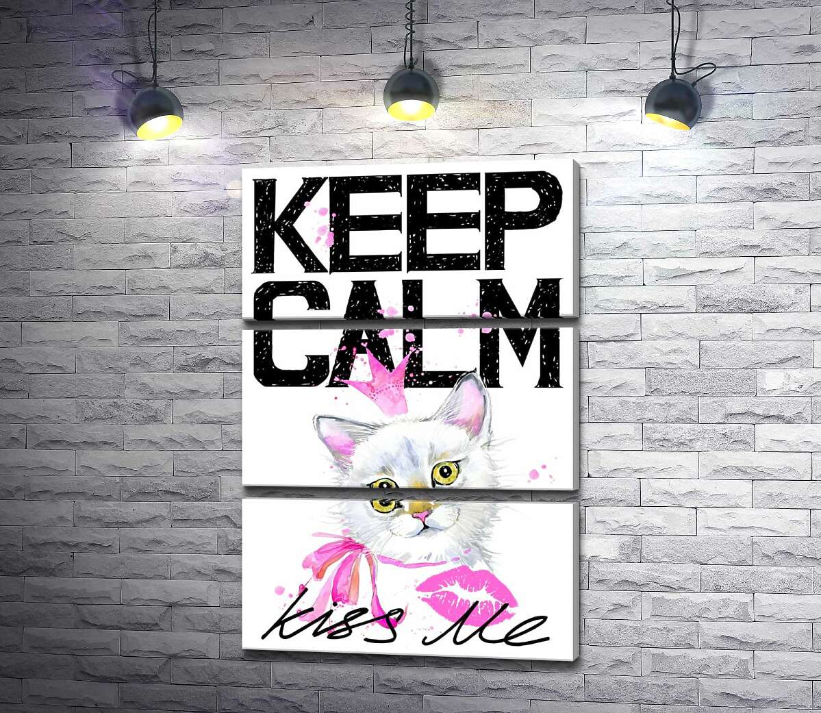 

Модульная картина ArtPoster Белая кошка-принцесса среди надписи "keep calm and kiss me" 100x147 см Модуль №13