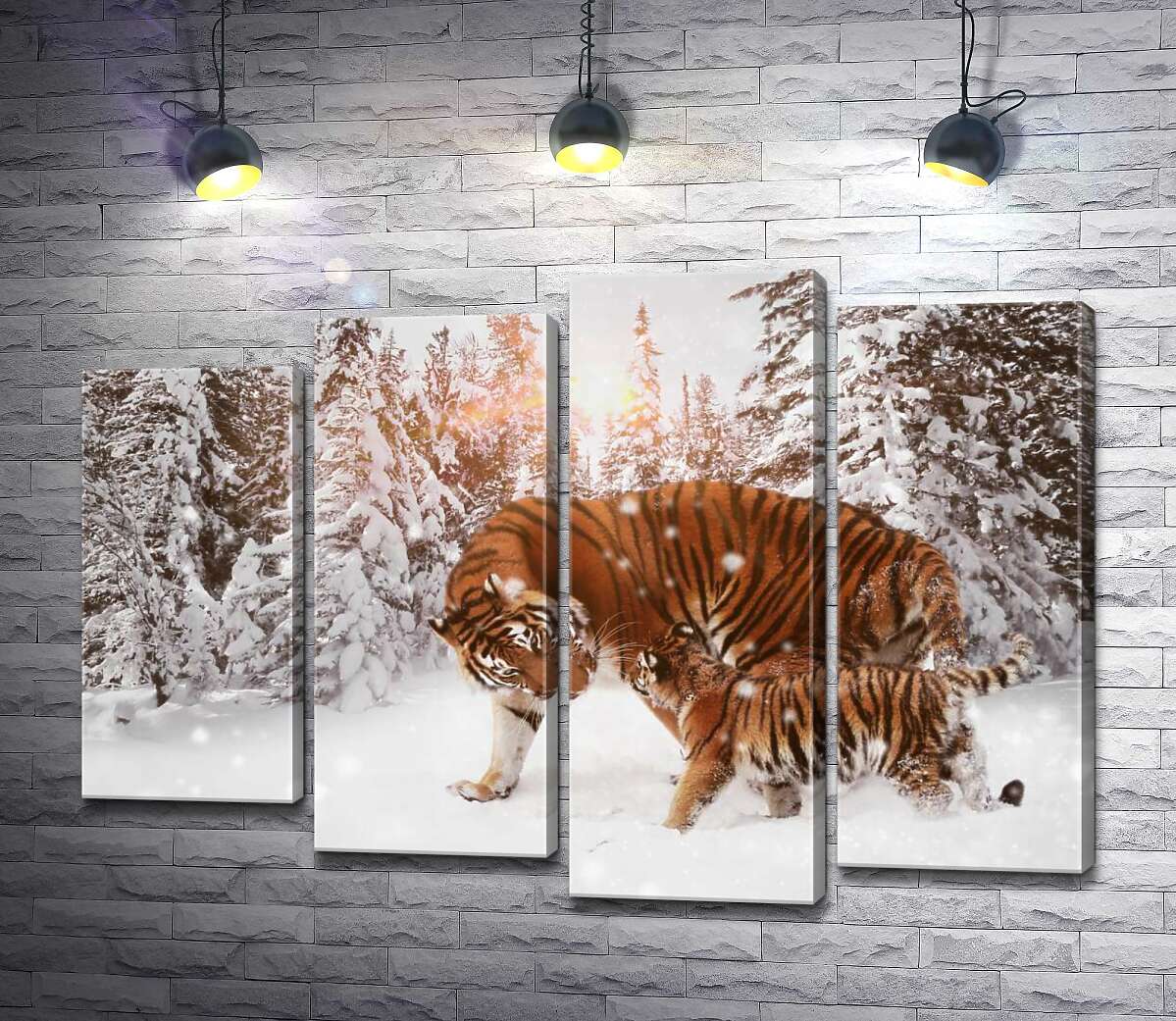 

Модульная картина ArtPoster Амурские тигры: мать с детенышем прогуливаются по заснеженному лесу 132x93 см Модуль №21