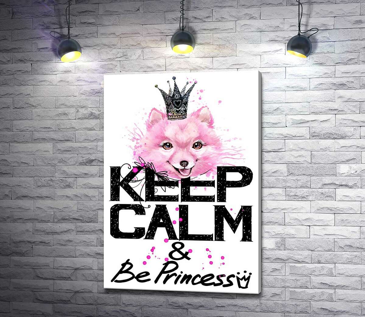 

Картина ArtPoster Розовый померанский шпиц с ажурной короной над надписью "keep calm and be princess" 130x190 см Модуль №1