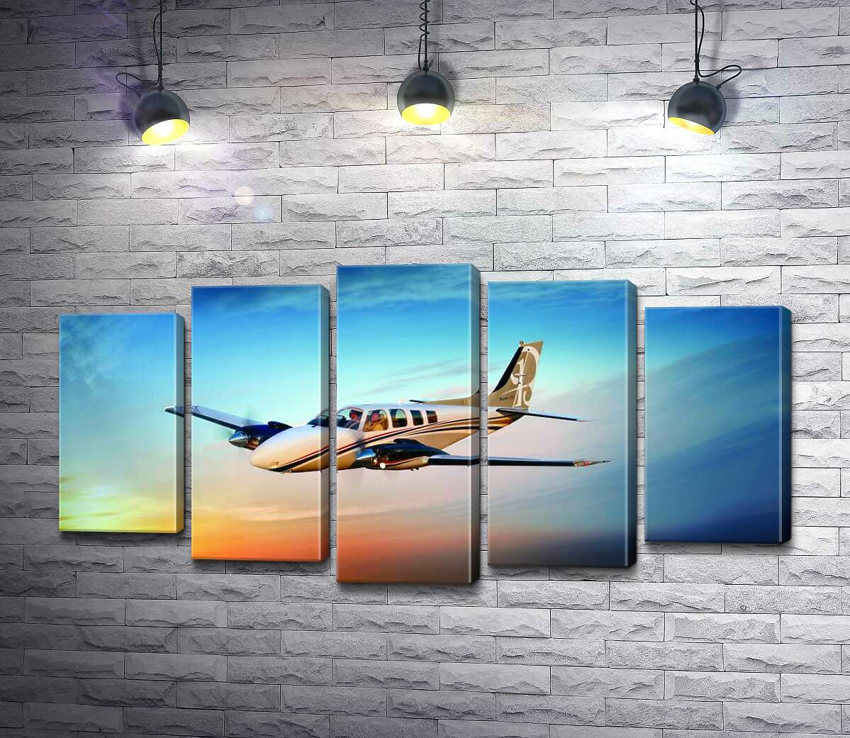 

Модульная картина ArtPoster Американский самолет Beechcraft Bonanza среди горящего запада 130x70 см Модуль №26
