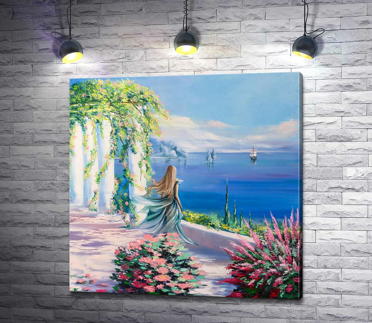 

Картина ArtPoster Силуэт девушки, которая смотрит на море из сада 100x100 см Модуль №1