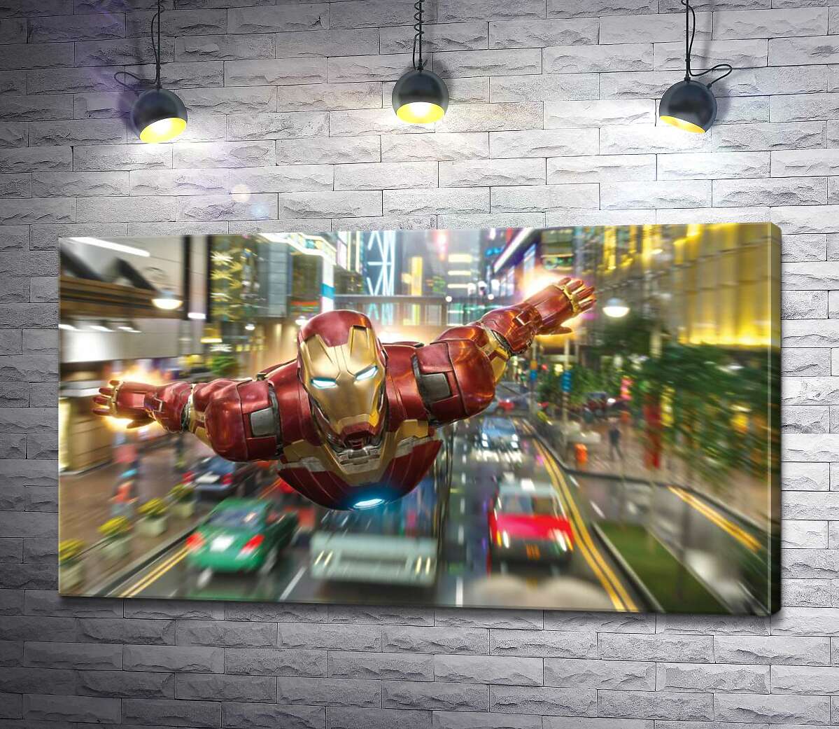 

Картина ArtPoster Супергерой Железный человек (Iron Man) летит над дорогой мегаполиса 100x56 см Модуль №1