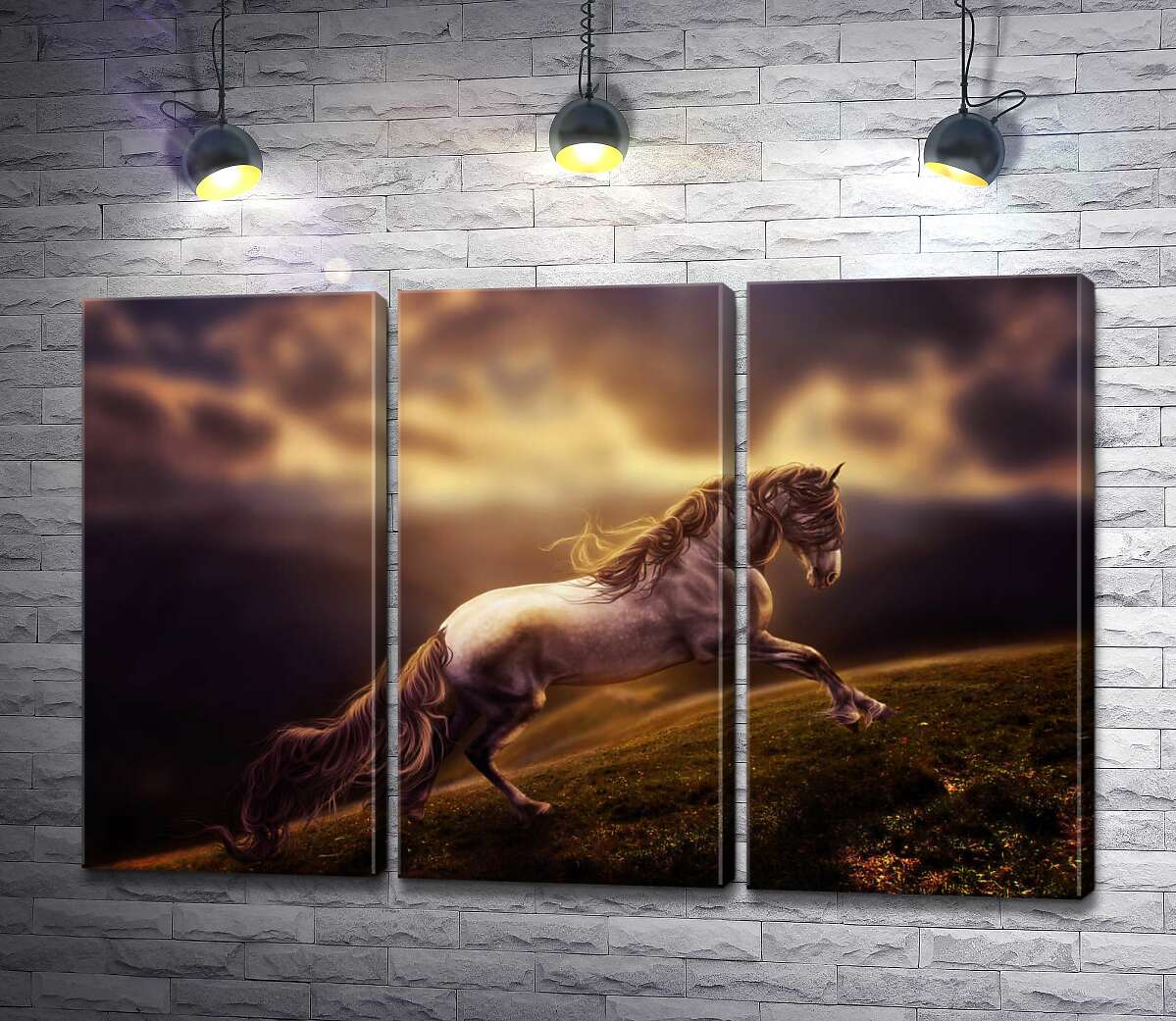 

Модульная картина ArtPoster Белая лошадь скачет по изумрудной горной траве 132x86 см Модуль №11