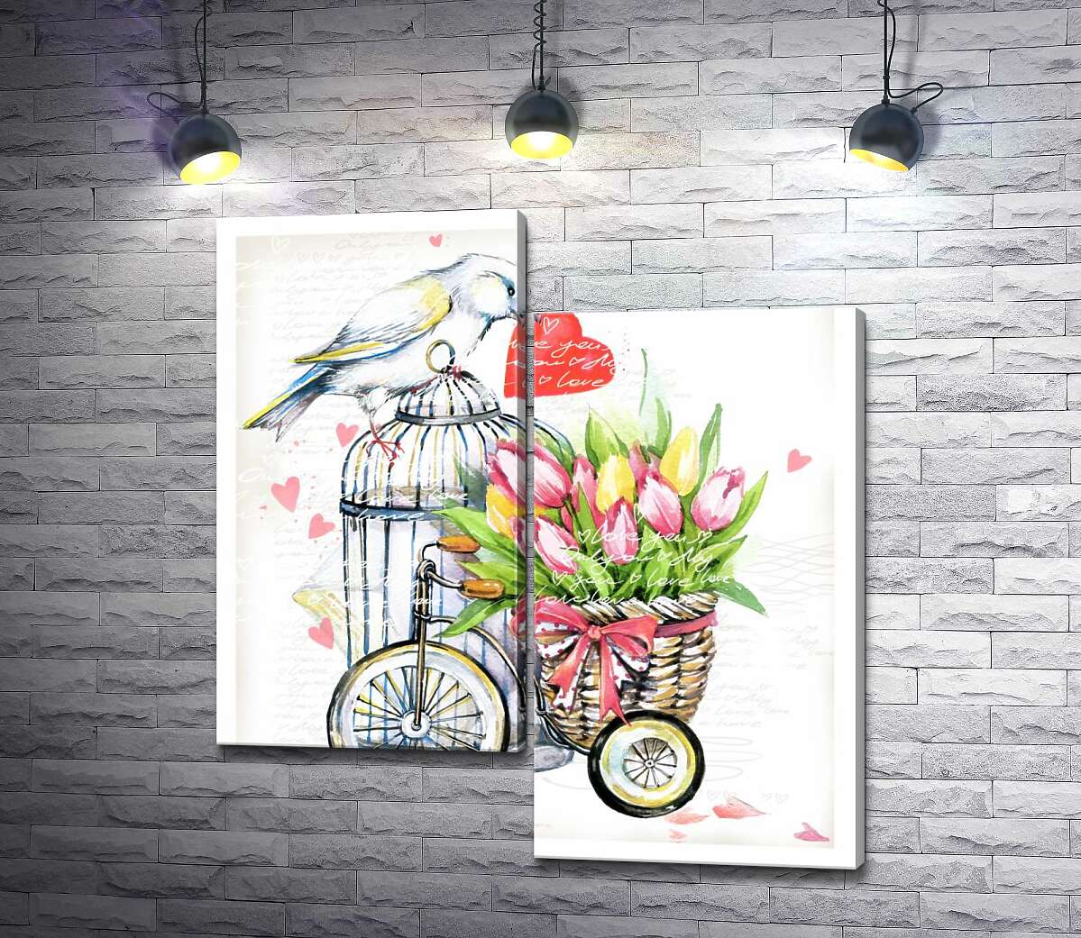 

Модульная картина ArtPoster Белая птица держит сердце в клюве рядом с корзиной весенних тюльпанов на велосипеде 130x143 см Модуль №5